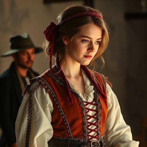 Photo d'un atelier de conception de costumes : une étudiante travaille sur un costume pour un film d'époque.