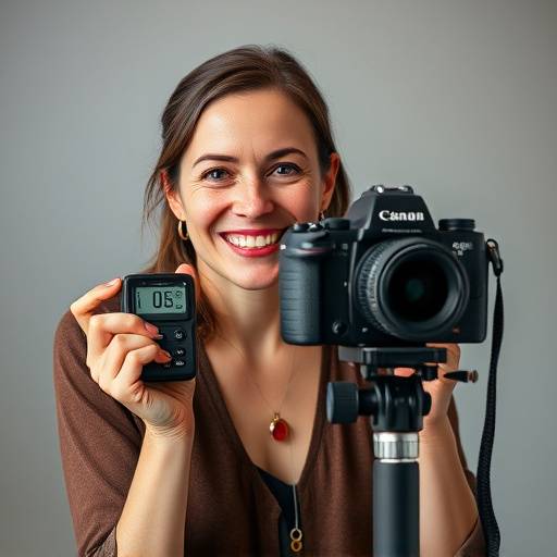 Portrait de Isabelle Duval, professeure en direction de photographie, tenant un lightmeter, souriant.