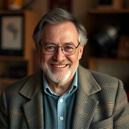 Portrait de Jean-Pierre Dubois, professeur de réalisation, souriant et portant une veste en tweed.